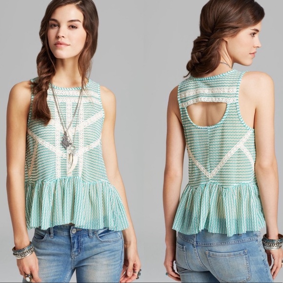 Free People Tops - Free People Green Lace Crochet Peplum Tank Small